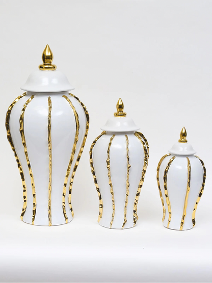 White Ceramic Ginger Jar with Gold Ruffle Details Available in 3 Sizes. Sold by KYA Home Decor.