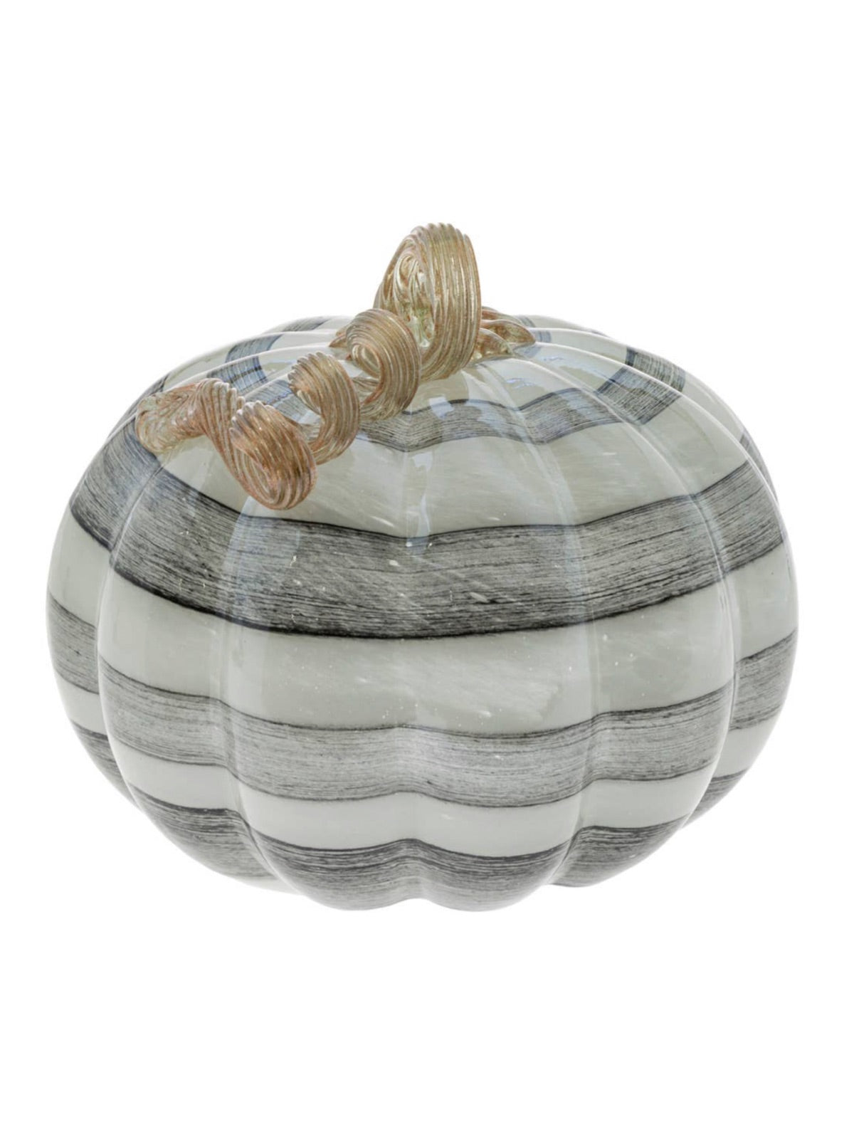 Add elegant to your fall tablescape with these gorgeous handcrafted glass pumpkins. This classic seasonal accent is interpreted in white and black stripes with an amber stem! 