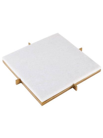 11 inch Squared White Marble Cheese Tray with Gold Metal Stand. 