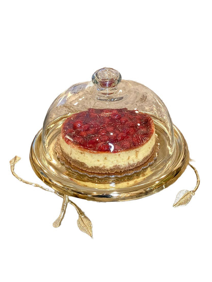 10.5D stainless steel gold leaf designed cake plate with glass dome sold by KYA Home Decor.