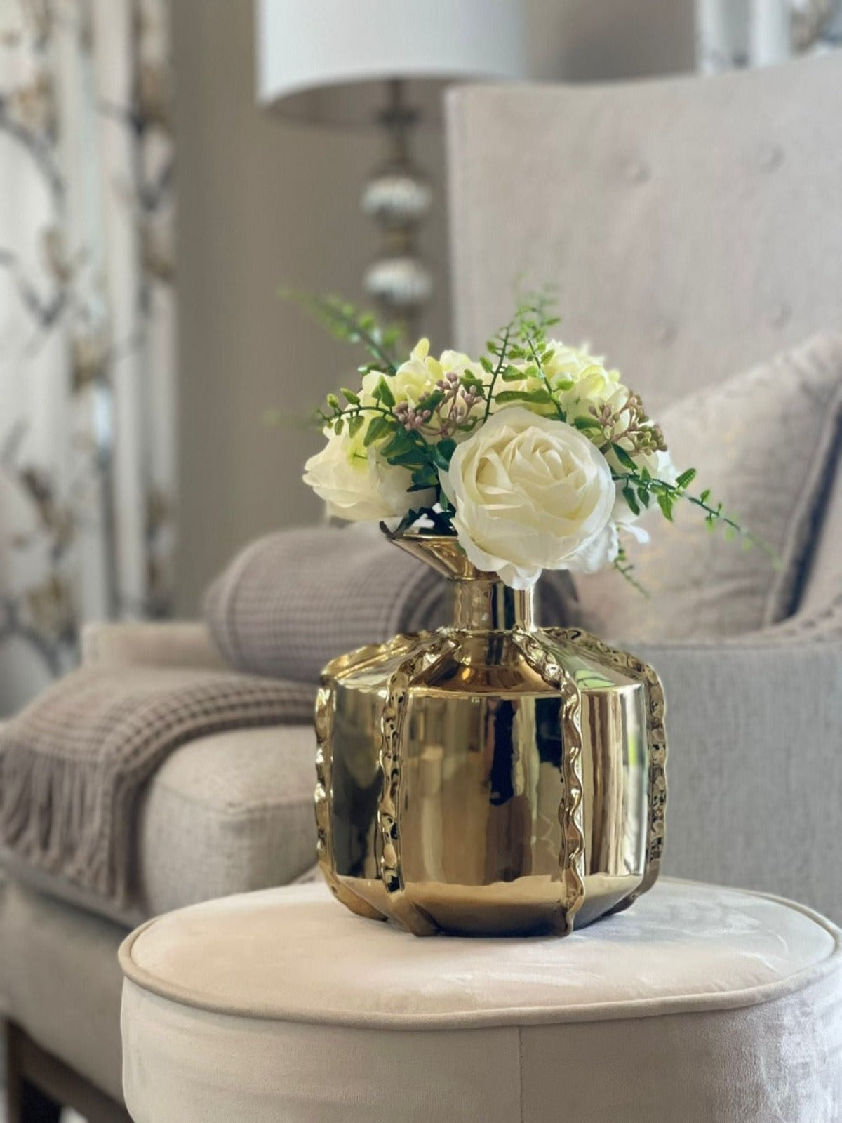 12H Gold Metallic Decorative Vase With Luxury Ruffle Design Side Angle