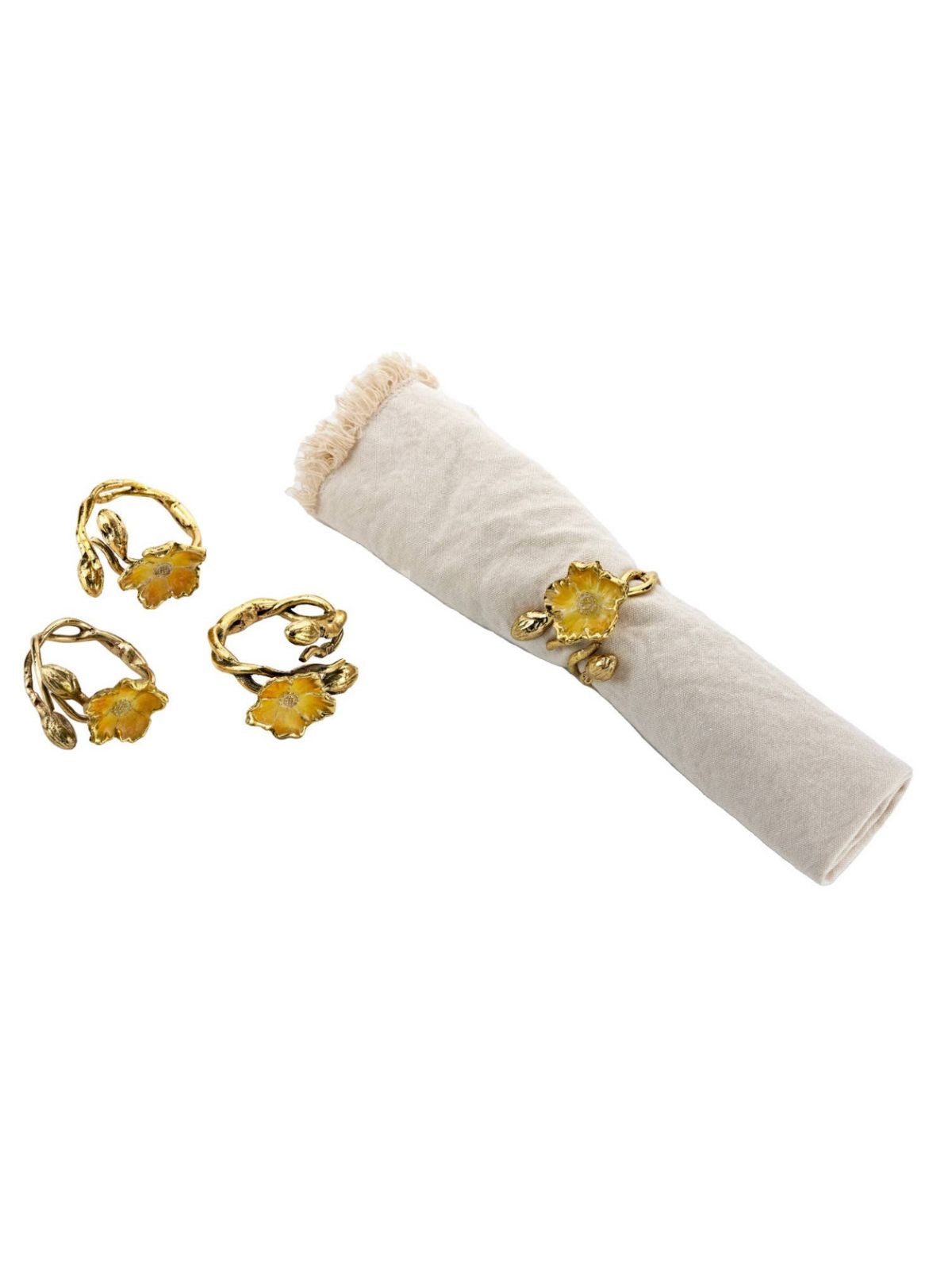 Set of 5 Gold Metallic Round Napkin Rings with Luxury Flower Design. 