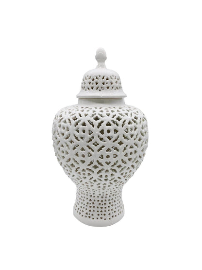 White Ceramic Ginger Jar with an elegant pierced design and lid in size small