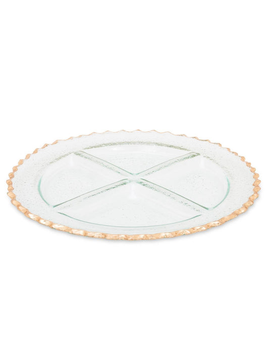This Glass 4 section Dish With Gold Trim makes a beautiful addition to any home décor. Use this fine-looking platter as a server, centerpiece for your elegant meals, and use it as a candle holder or jewelry holder.