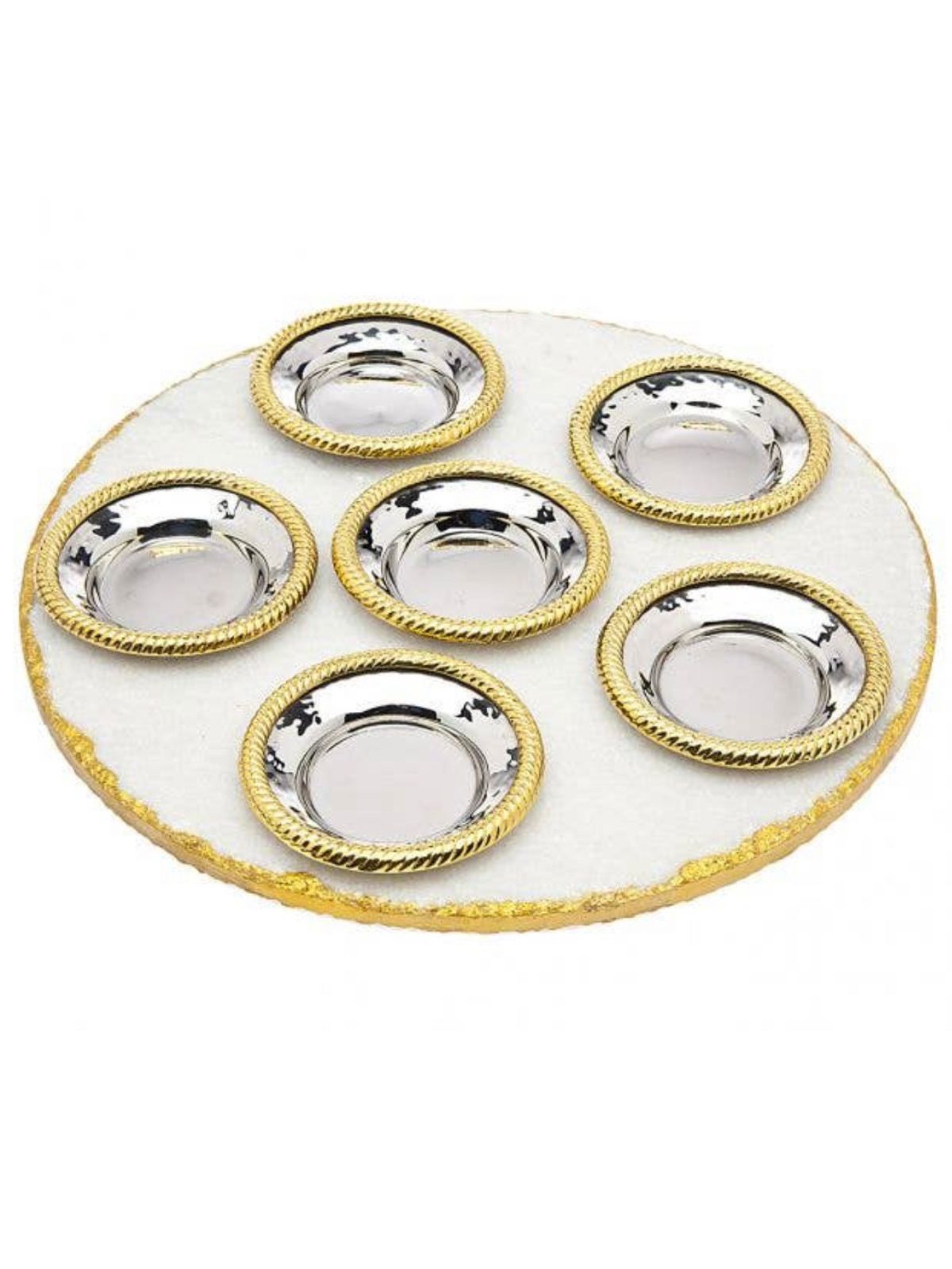 Seder Plate Crafted from white marble and six luxurious gold trim stainless steel dishes. 