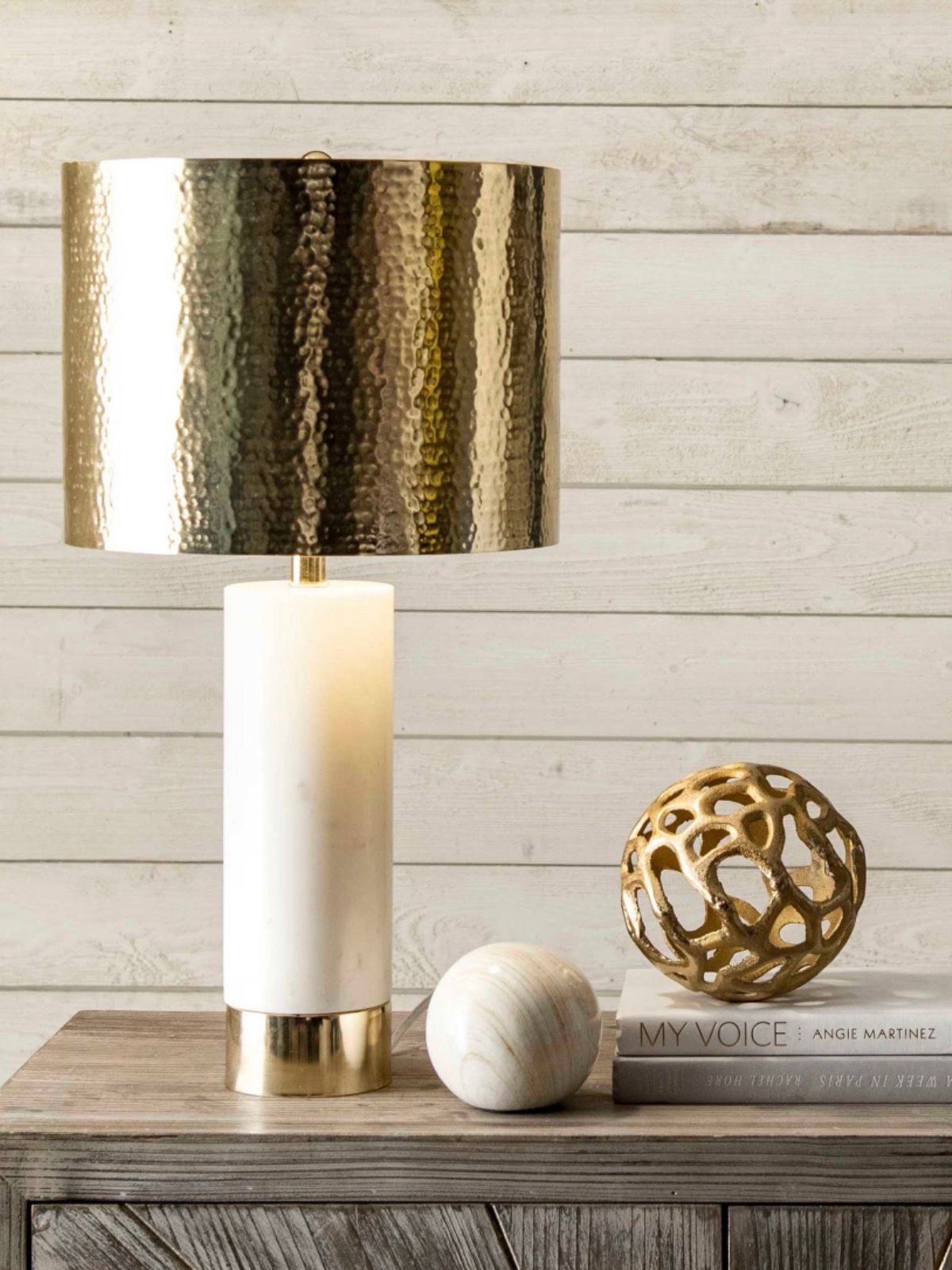 White Marble Table Lamp with Gold Hammered Shade sold by KYA Home Decor