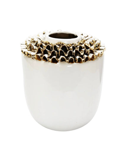 White Ceramic Decorative Vase With Luxurious Gold and White Ruffled Petals - KYA Home Decor