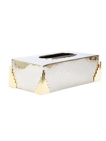 This tissue box holder features a lustrous stainless steel finish and gold diamond design. Measures 10.5L x 5.5W, Sold by KYA Home Decor