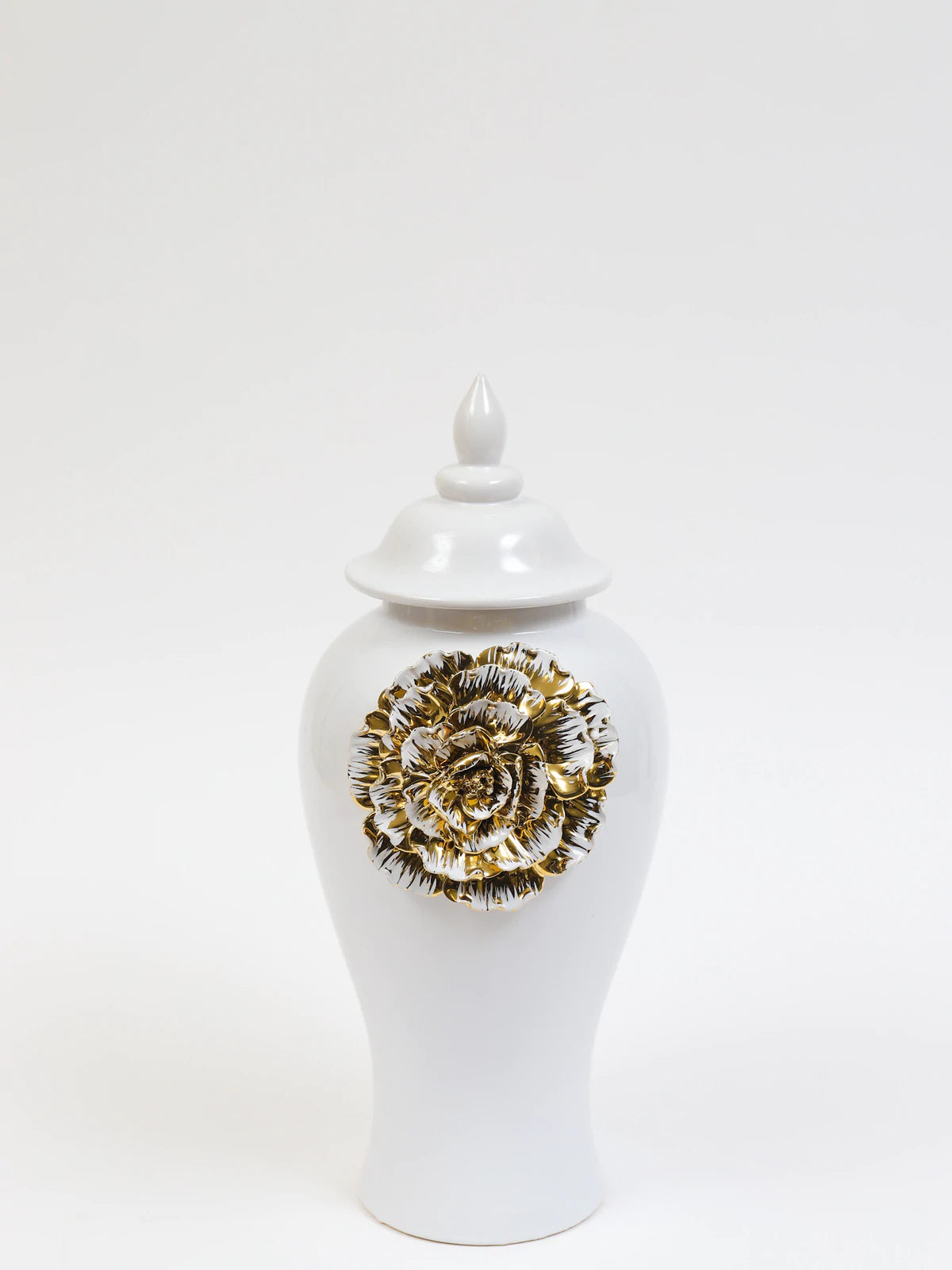 18H White Ginger Jar with Large Gold Flower Detail and Removable Lid. Sold by KYA Home Decor.