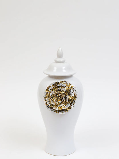 18H White Ginger Jar with Large Gold Flower Detail and Removable Lid. Sold by KYA Home Decor.