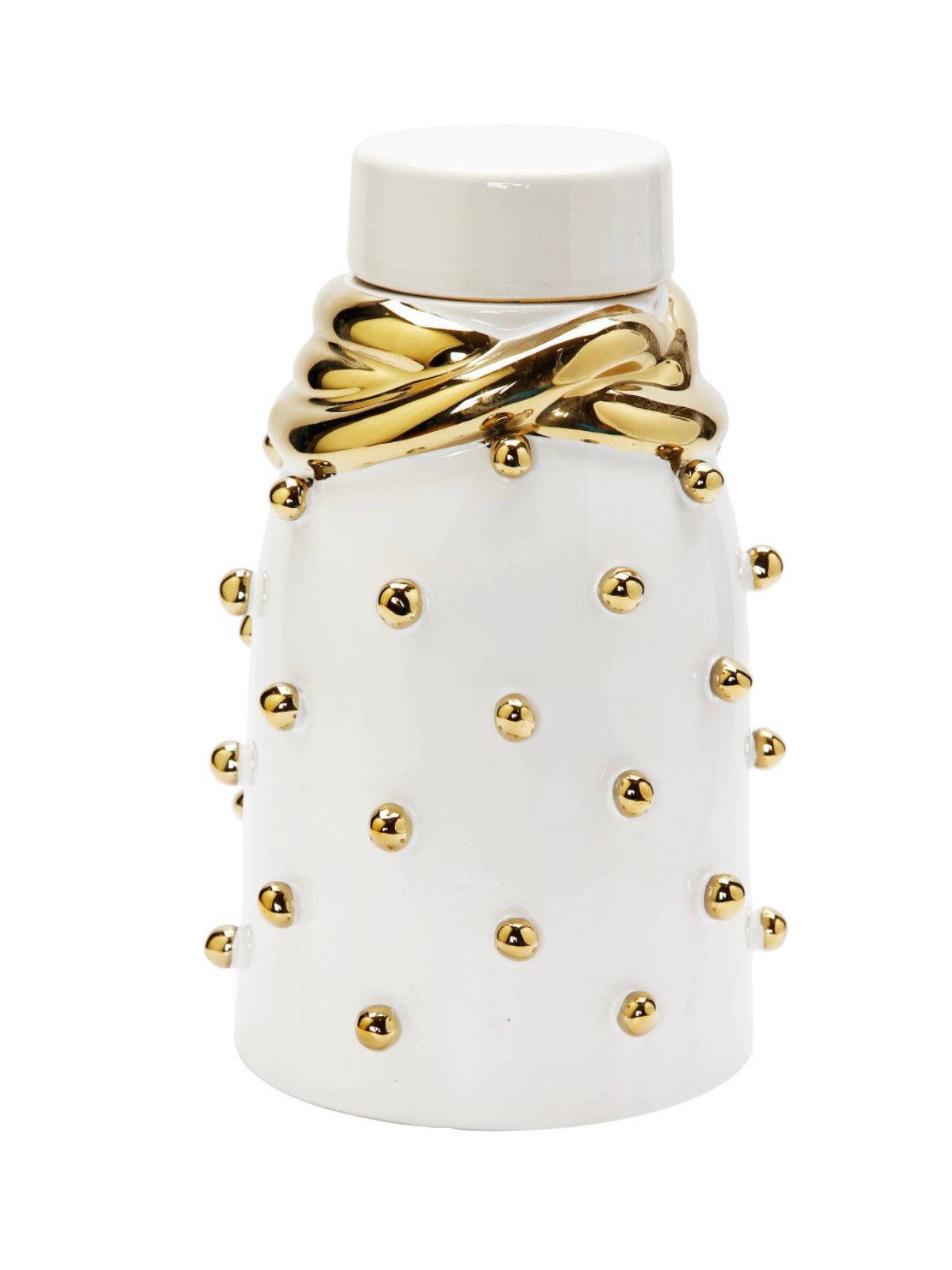 White Ceramic Lidded Jar With Gold Studded Details, Large.