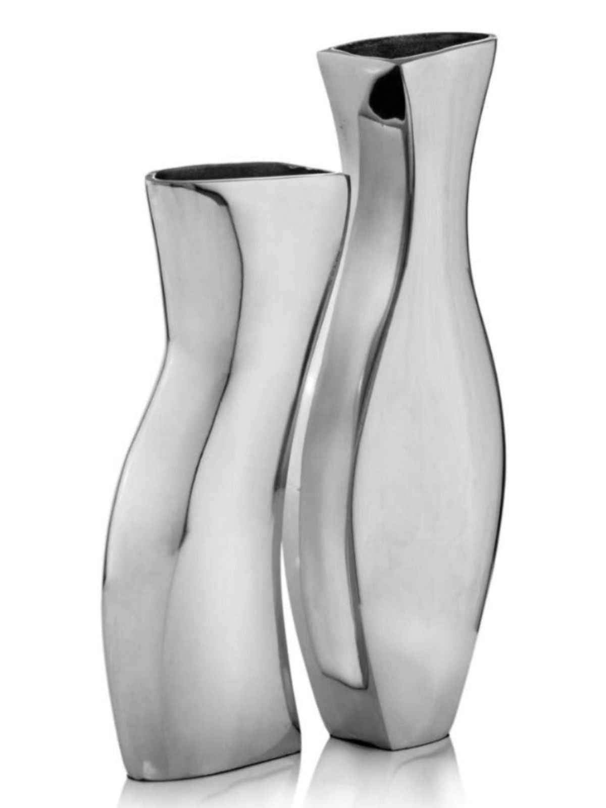 This Set of 2 Shiny Silver Cast Aluminum Decorative Vases boast a unique minimalistic adjoining shape.