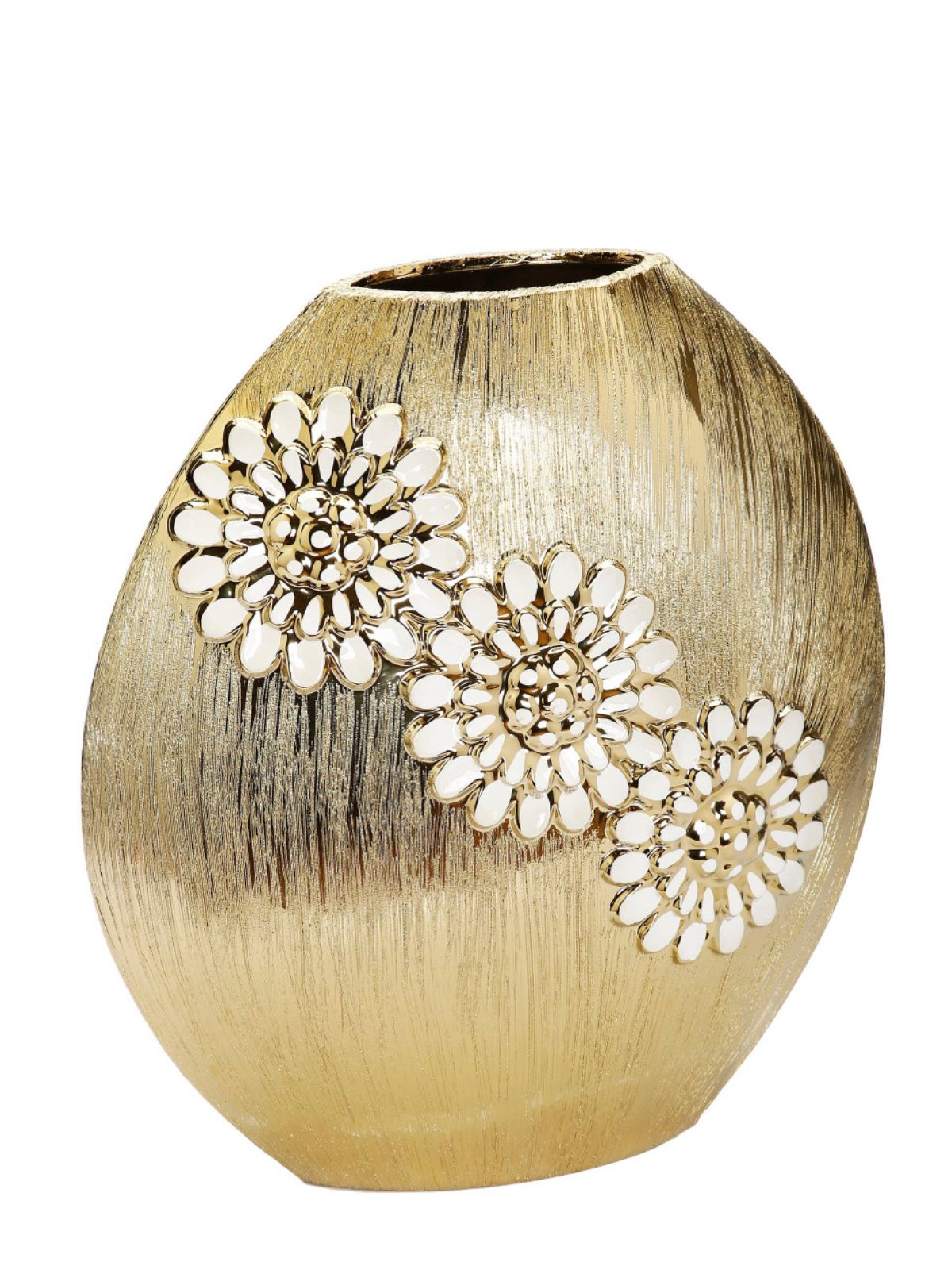 13H Luxury Round Matte Gold Ceramic Vase With White Textured Flower Design - KYA Home Decor. 