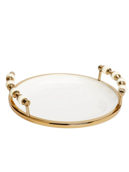 White and Gold Round Ceramic Tray with Beaded Design Handles.