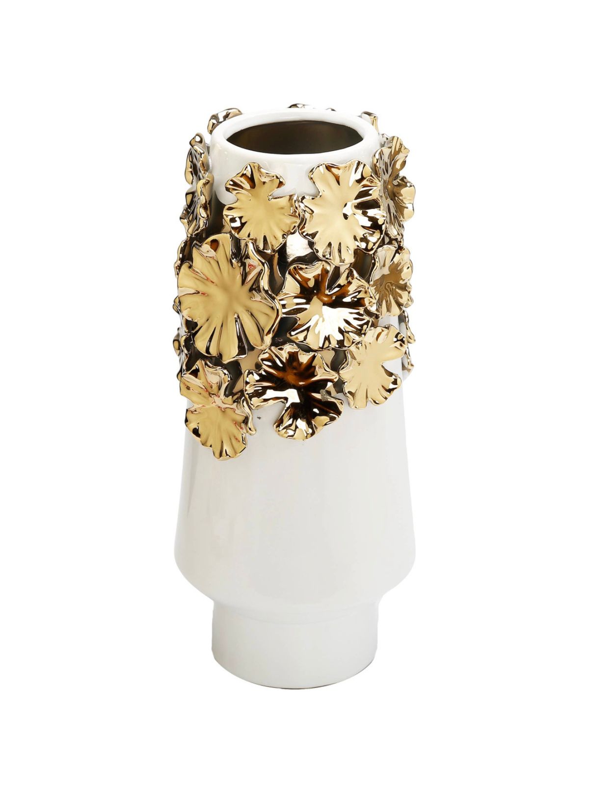 14H White Ceramic Decorative Vase with Luxury Gold Dimensional Florets - KYA Home Decor