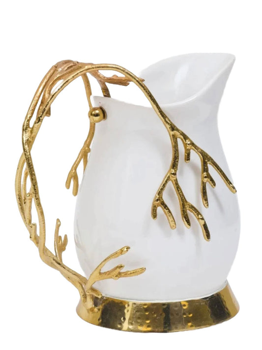 Luxury White Ceramic Pitcher with Gold Coral Handle - KYA Home Decor. 