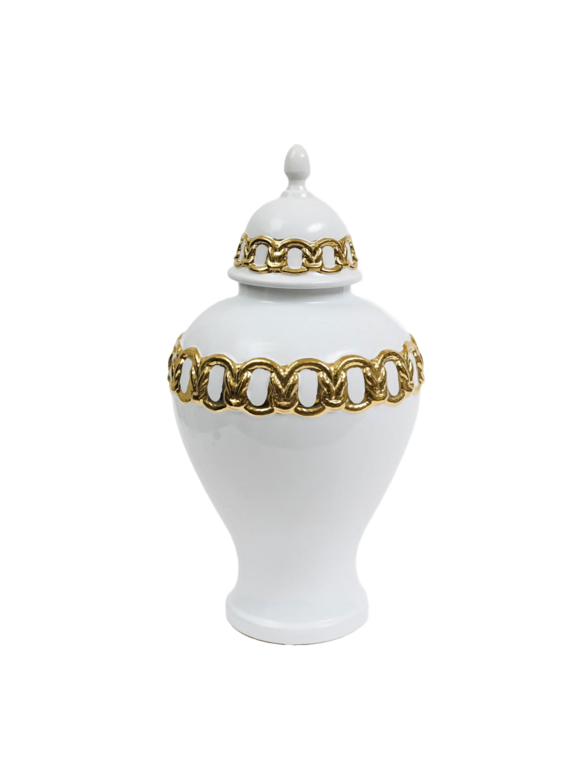 24H White Ceramic Ginger Jar with Gold Chain Details and removable lid. Sold by KYA Home Decor.