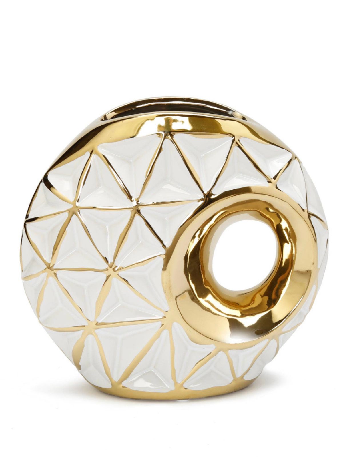 White and Gold Round Decorative Vase with Luxurious Geometric Design - KYA Home Decor
