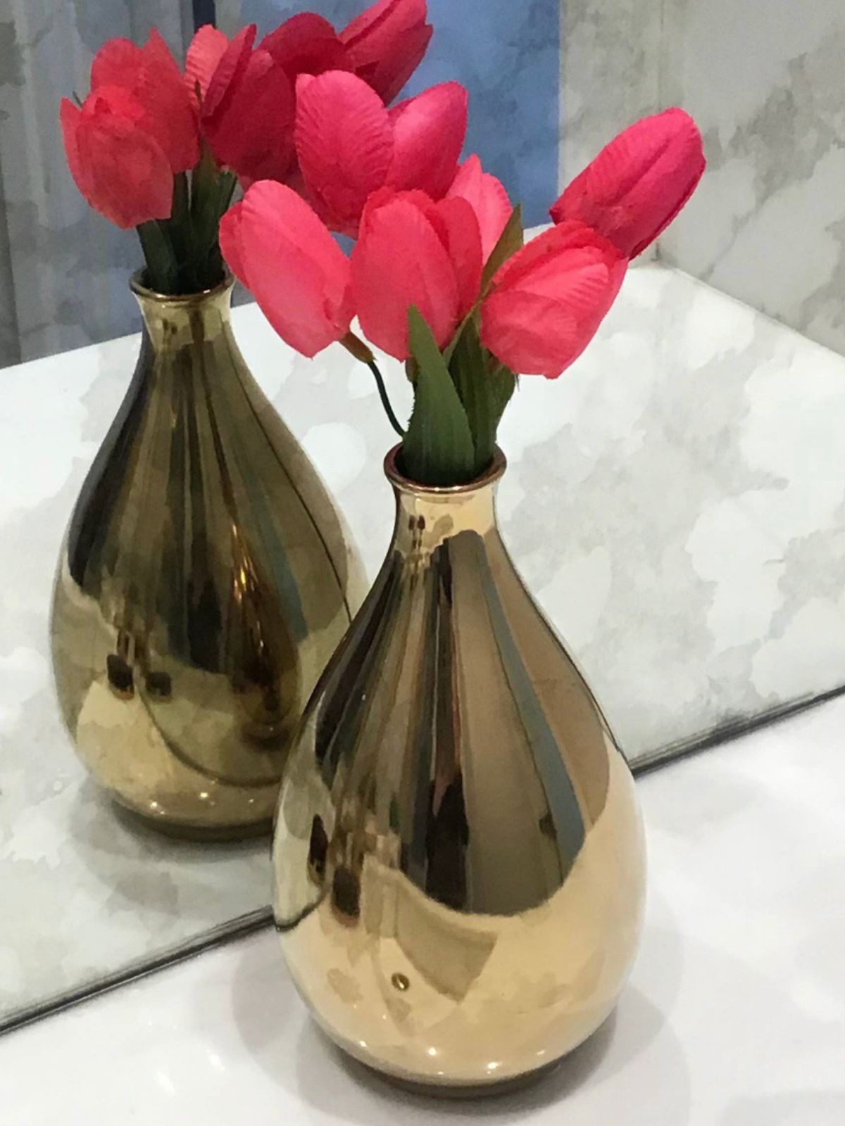 7H Gold Metallic Narrow Top Ceramic Vase with Pink Faux Flowers - KYA Home Decor 