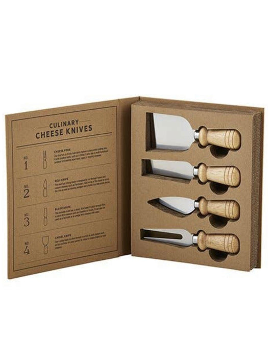 Features Set of 4 cheese knives cardboard book set The set is sealed in a fancy cardboard packaging with a jute string ribbon Portable and easy to use Sturdy and durable construction