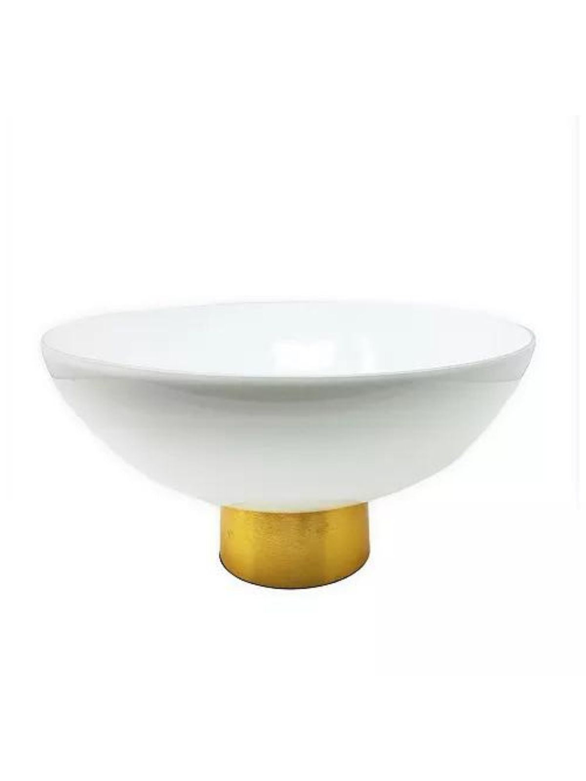 White Pearl Glass Footed Serving Bowl on Lustrous Gold Base, 11.5D. 