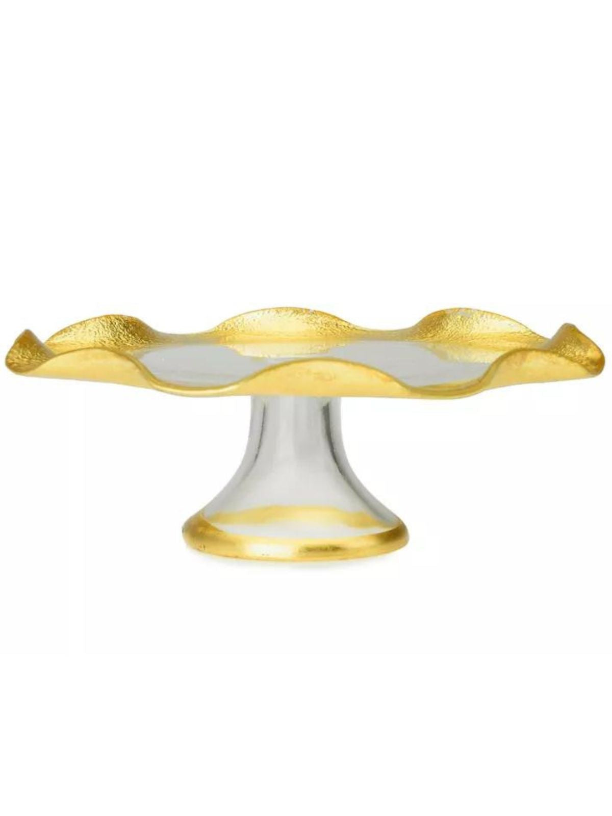 12D glass cake stand with luxurious wavy gold borders, Sold by KYA Home Decor.