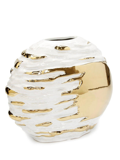 10 inch White Ceramic Vase With Stunning Gold Textured Brush Design - KYA Home Decor