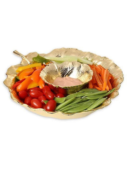 Gold Stainless Steel Leaf Shaped Chip and Dip Bowl Displayed with Snacks.
