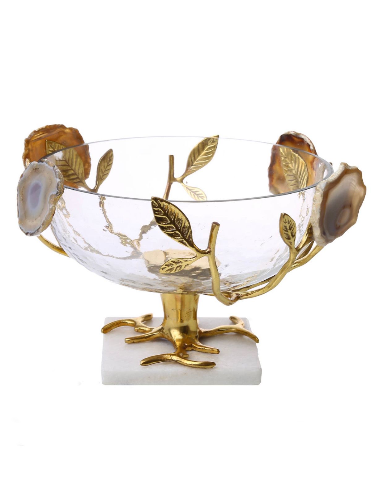 Luxurious Glass Bowl Surrounded with Beautiful Agate Stones and Rich Gold Leaves.