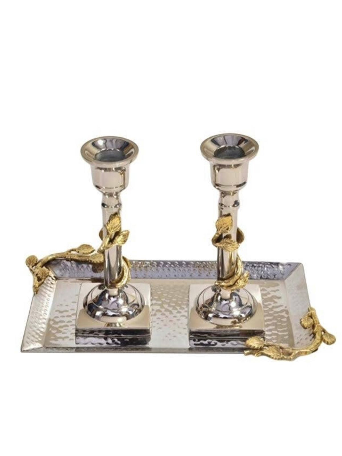 Hammered Stainless Steel Candlestick Holders Set with Silver and Gold Jeweled Flower Design.