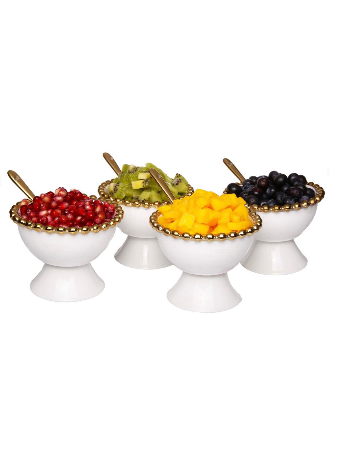 Situated on a stand, these gold edged dessert bowls elegantly close a meal. Its pure white color makes it the ideal dish to fill with colored berries and melons for a charming Completion of Feast.