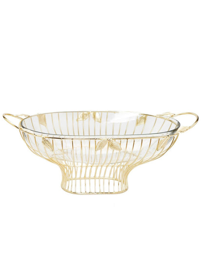 Oval Shaped Glass Bowl with Stainless Steel Gold Leaf Design, Measures 22L x 9.5W x 7.5H.
