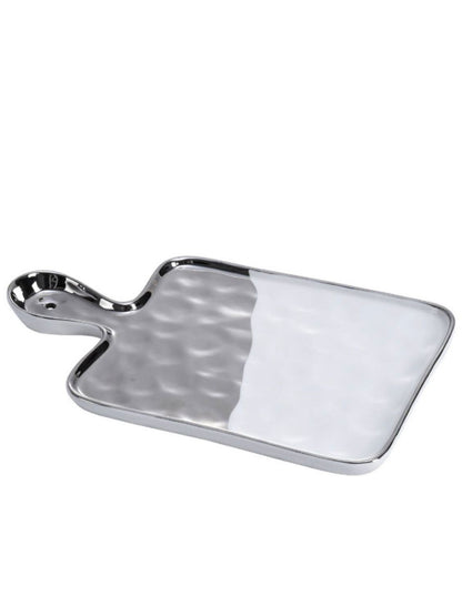 This white and silver tray features a stunning high fired porcelain base with titanium finish. 