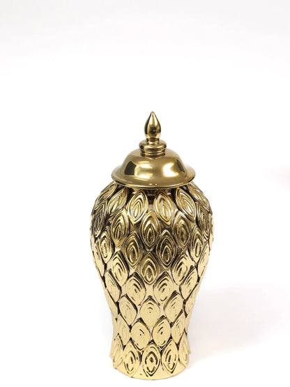 18H Gold Ceramic Ginger Jar With Gold Flower Petals and Removable Lid. Sold by KYA Home Decor.
