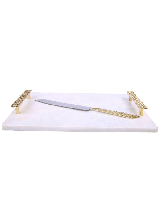 Luxurious White Marble Tray with Gold Mosaic Designed Handles and Stainless Steel Knife, 14L x 11W. 