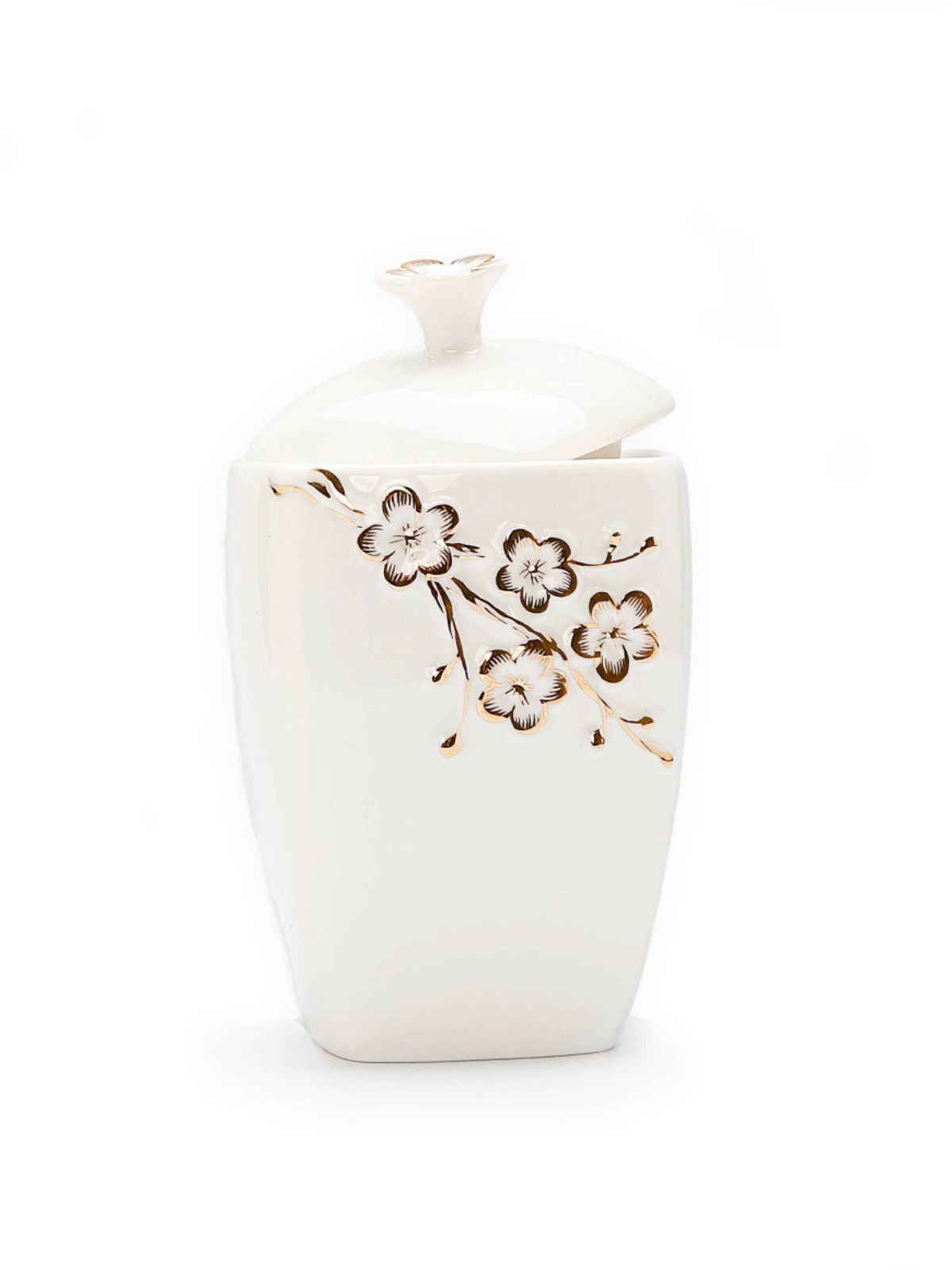 This covered sugar bowl features a white color with sparkling gold accents and a beautiful flower design. An exquisitely drawn floral adorns each piece with sparkling gold accents that make this bowl a truly gorgeous gift range.  