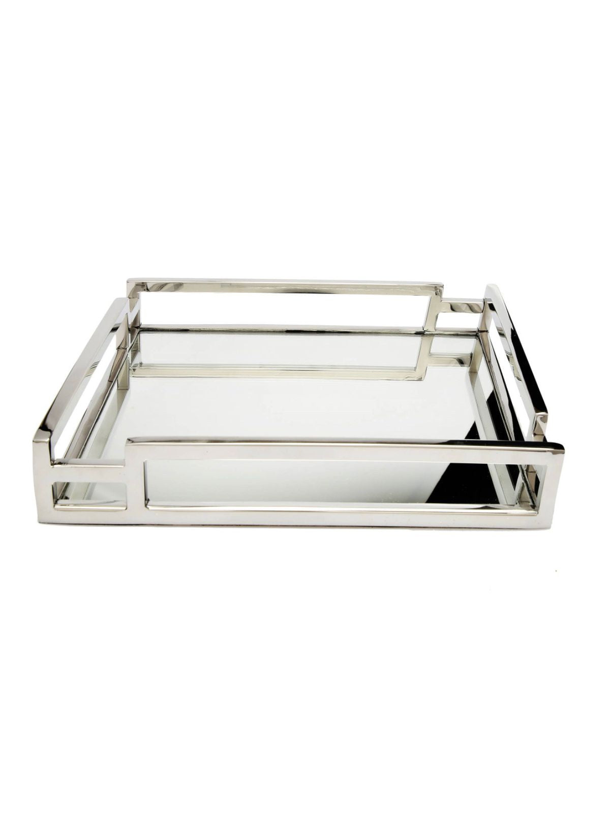 This luxurious 11.75in squared decorative tray features a mirror base and chrome loop design sold by KYA Home Decor.