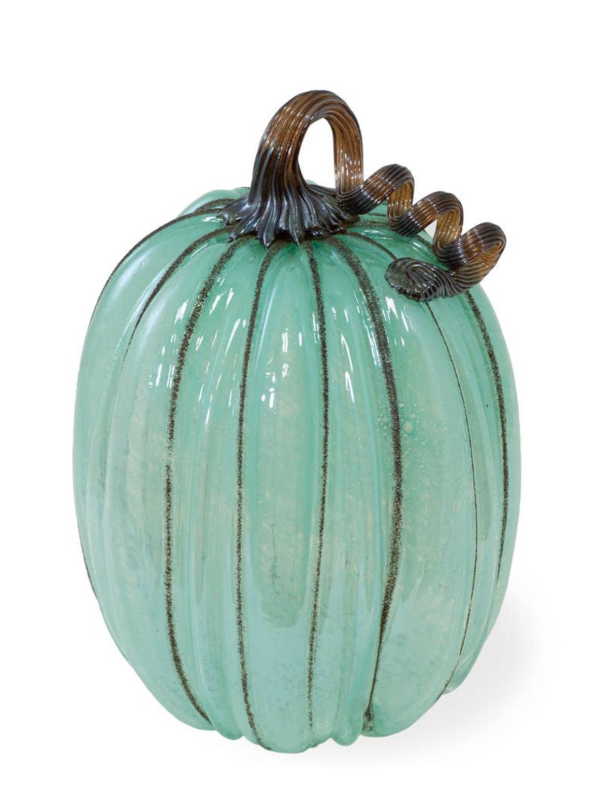 This Glass Harvest Pumpkin is perfect for bringing decorative seasonal beauty to your space. Hand-blown pumpkin has a twisted stem top in a coppery color and is crafted in a shade of light blue with copper accents.  