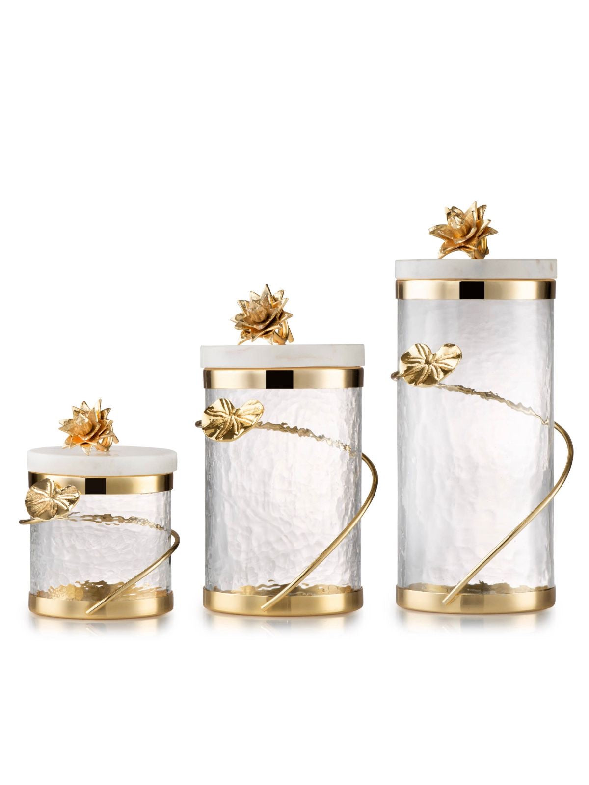 Luxury Kitchen Glass Canister With Gold Heart Design and Flower Knob Design on Marble Lid, 3 Sizes.