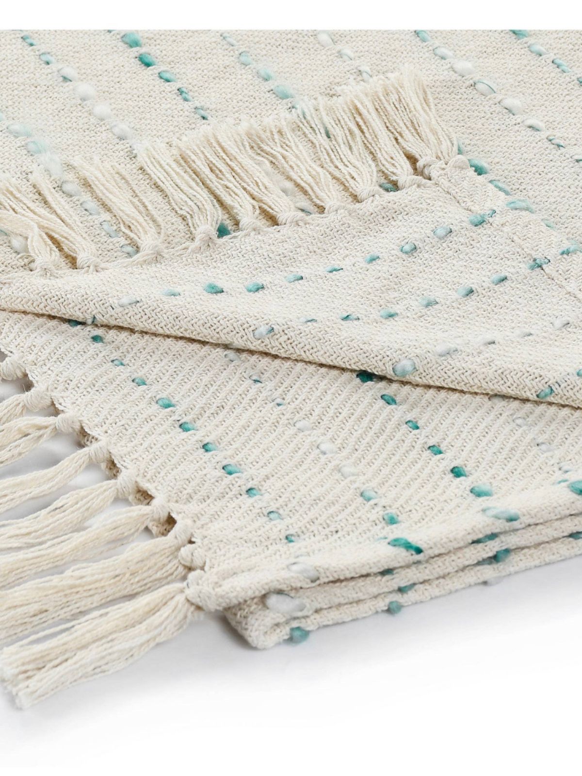 Teal Stripe Woven Cotton Throw Blanket with Fringe Sold by KYA Home Decor.