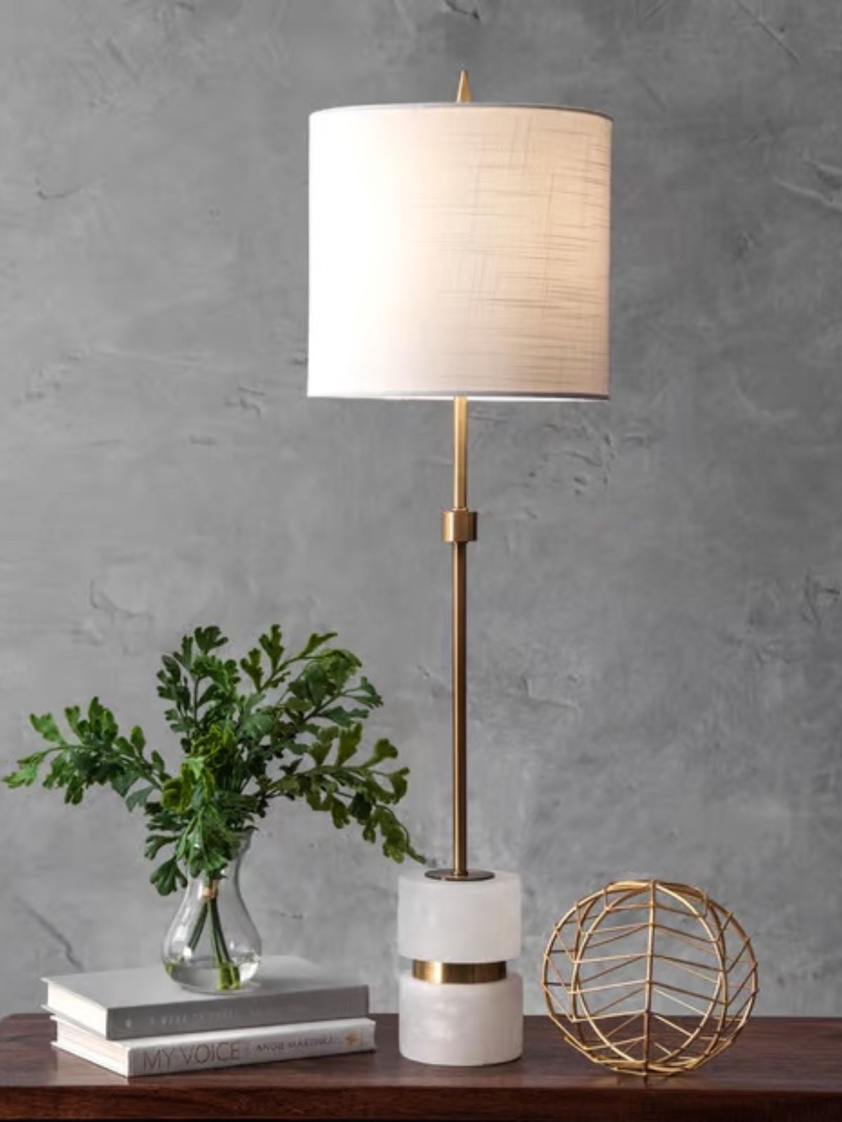 Alabaster Table Lamp with Linen Shade and Brass Pole.