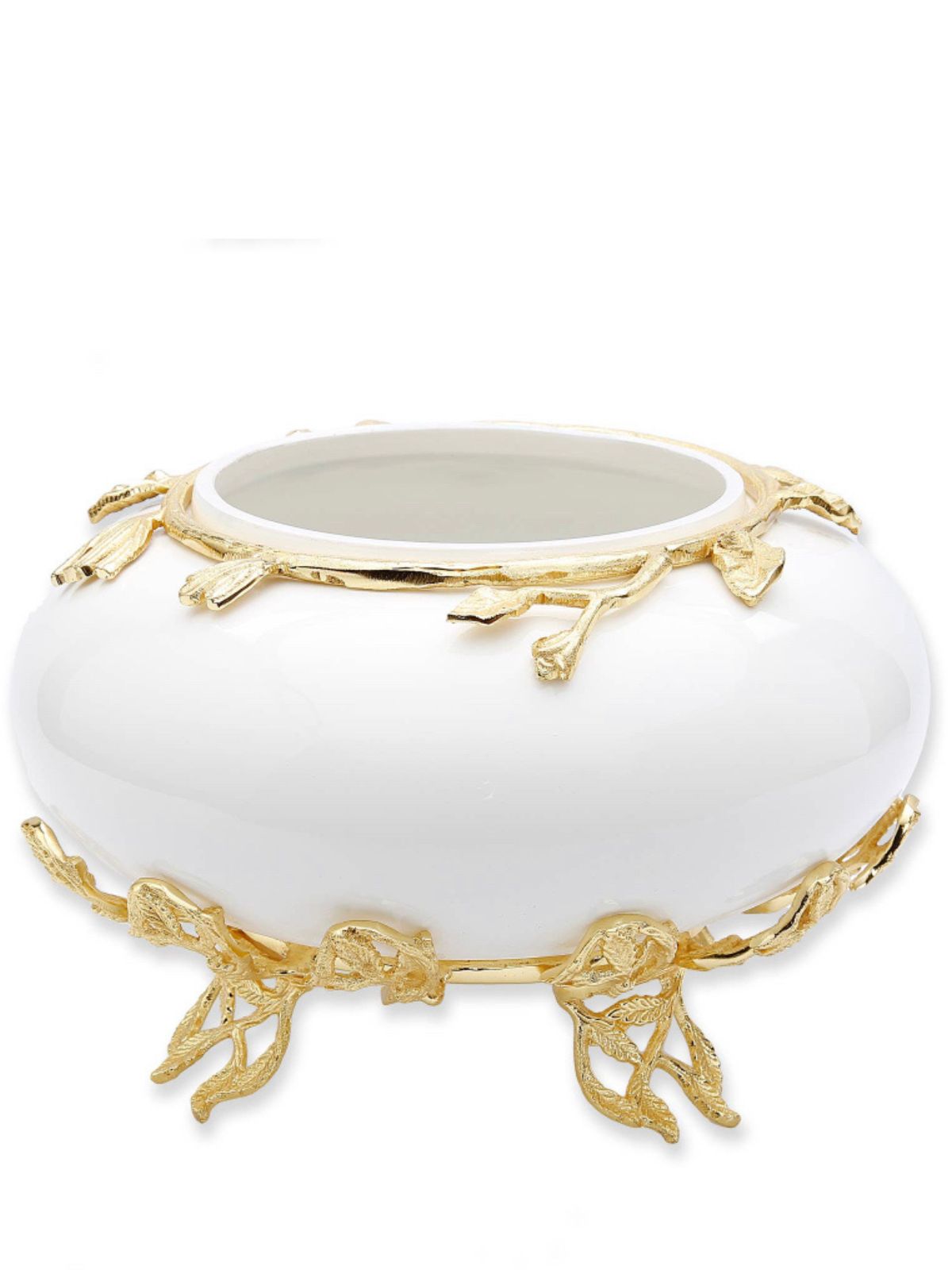 White Glass Bowl Footed On a Luxurious Gold Leaf Base, 10D x 6H.