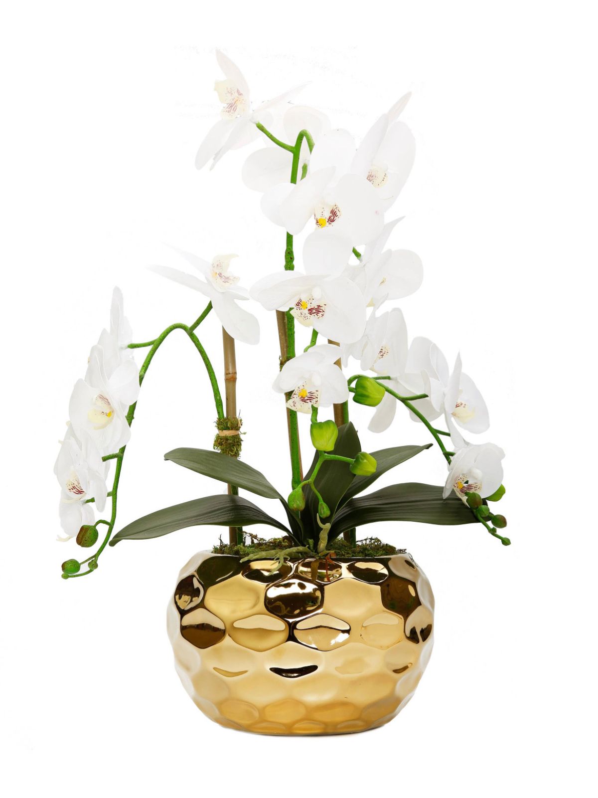 White Silk Orchid Floral Arrangement in Gold Hammered Porcelain Vase - KYA Home Decor.