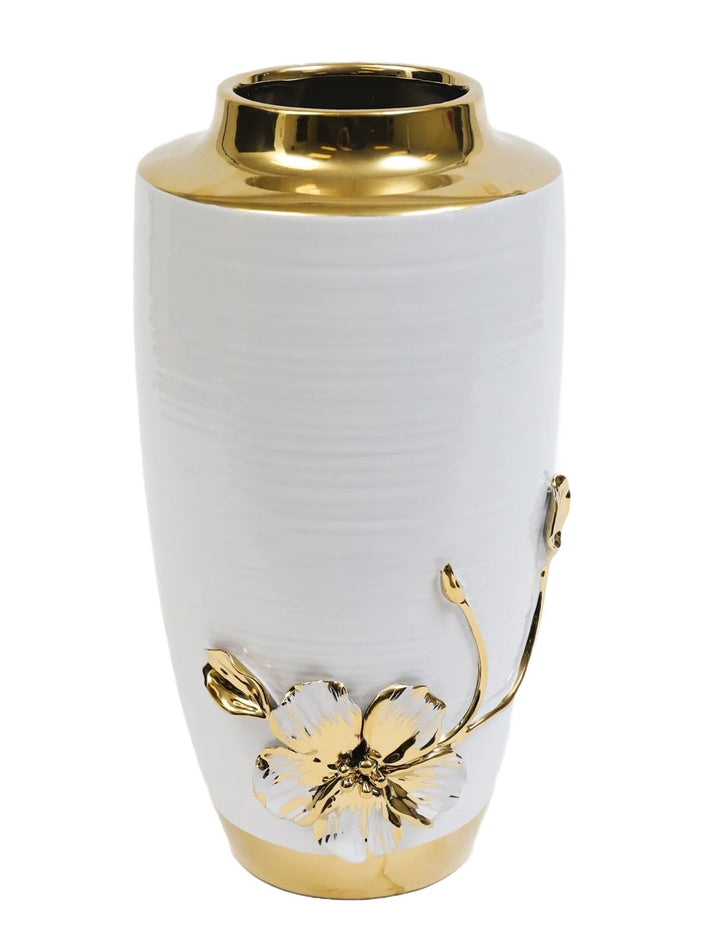 White Ceramic Vase with Gold and White Floral Detail – KYA Home Decor