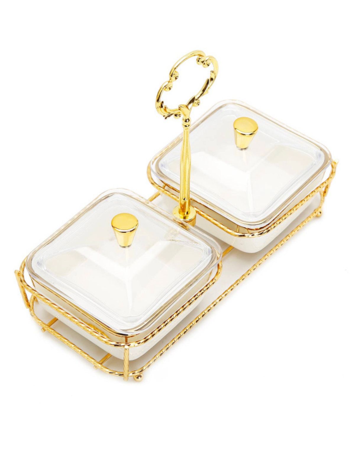 Bring sheer elegance to the table with this porcelain relish dish featuring 2 bowls on a gold base. The white bowls are enhanced by an elegant gold sculpting along the base and middle It includes covers to ensure a spill-free serving experience. 