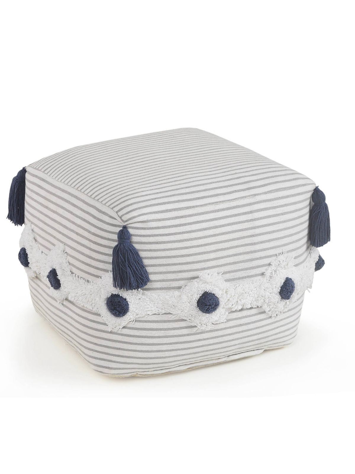 The Mazie Pouf In Grey & Ivory is Upholstered in a fabric blend that is handcrafted by skilled weavers, 