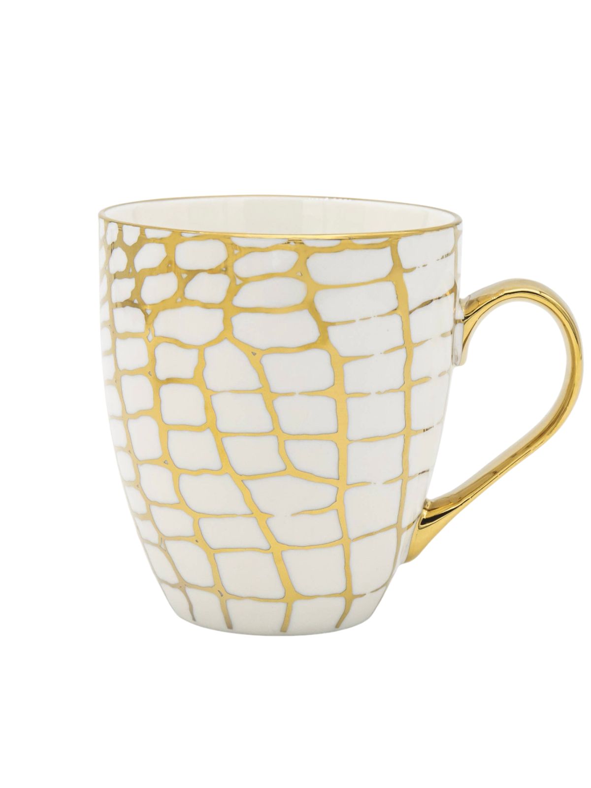 Enjoy your favorite beverage in style with our animal print gold plated mugs. With a generously sized 19 oz capacity available in 4 different gold designs on a white porcelain tapered shape mug, they coordinate beautifully with any décor.  