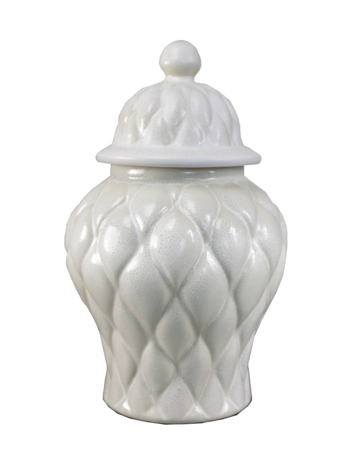 21H Ceramic lidded ginger jar with quilt-like texture and  soft white hue, Sold by KYA Home Decor.
