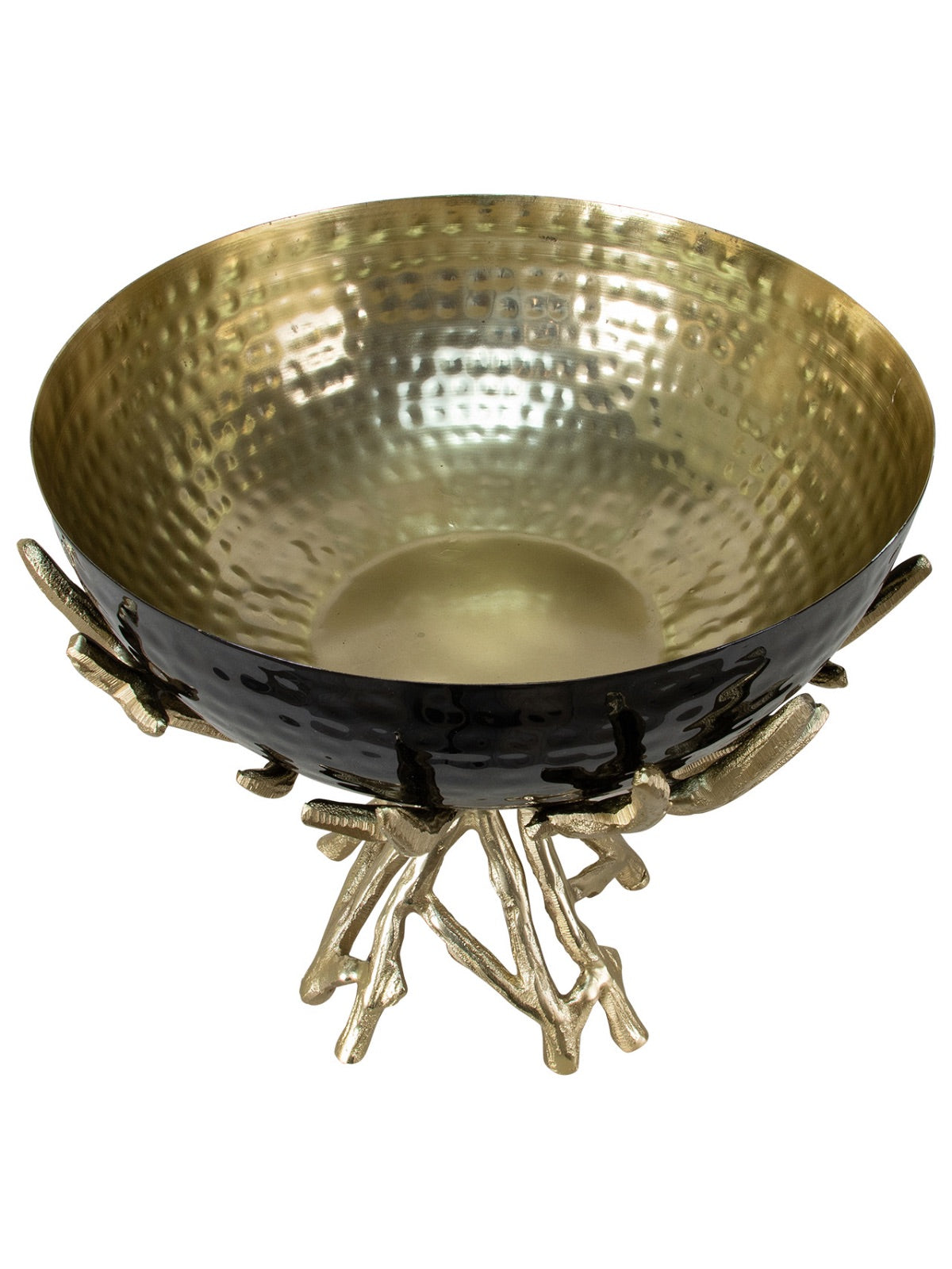 Decorative black bowl with gold interior sitting on a golden stainless steel branch stand sold by KYA Home Decor.