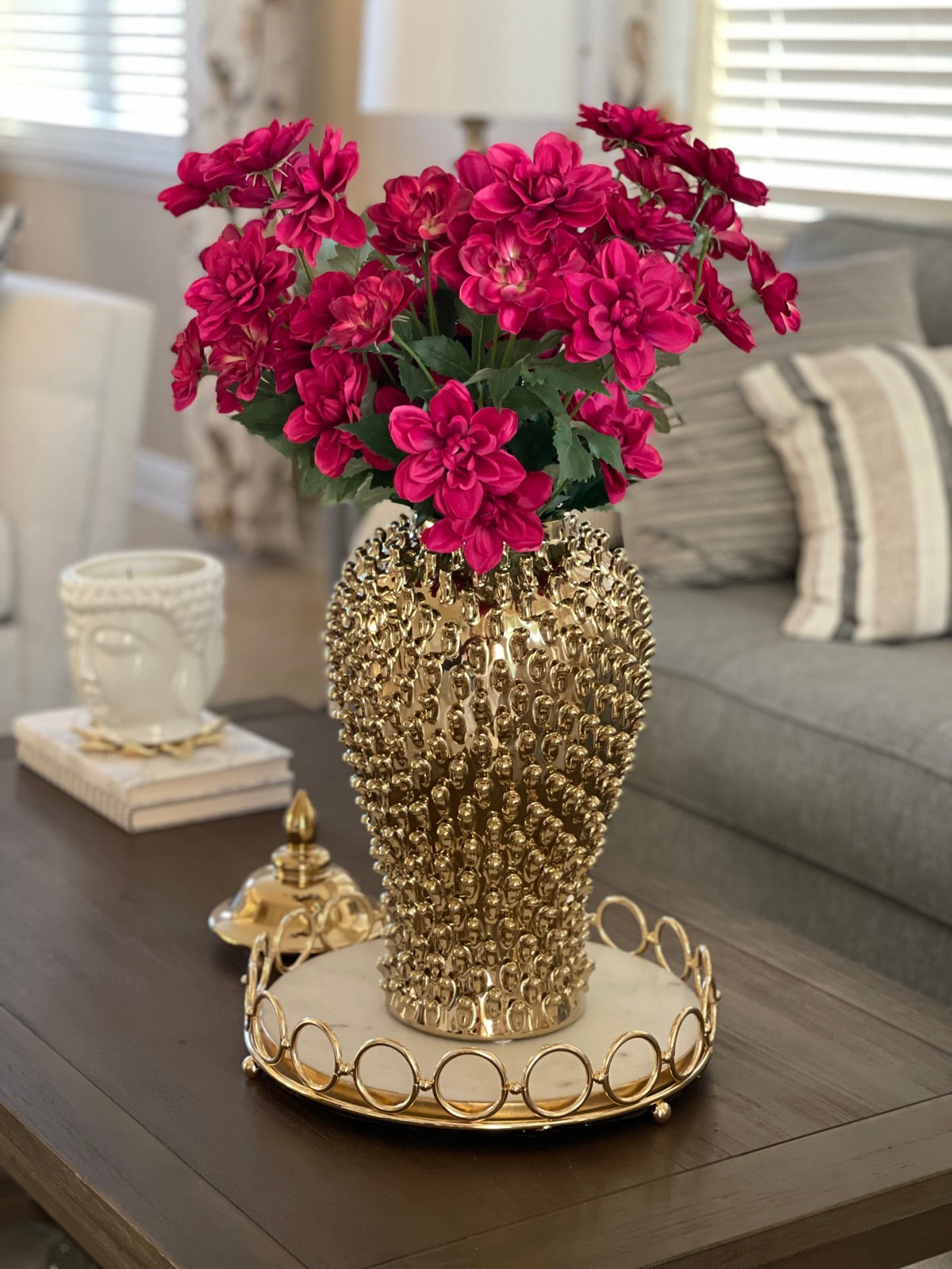 Gold studded luxury decorative ginger jar with lid and faux flowers, 18H.